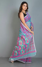 Traditional Soft Jamdani Saree in Aqua Blue, Hot Pink and Gold