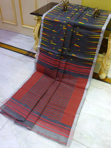 Designer Geometric Pattern Jamdani Saree in Metallic Grey, Yellow, Green and Red Thread Work