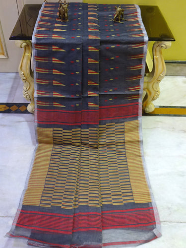 Designer Geometric Pattern Jamdani Saree in Metallic Grey, Beige and Red Thread Work