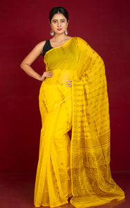 Soft Dhakai Jamdani Saree in Bright Yellow and Antique Gold