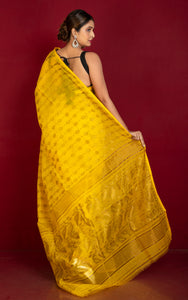 Soft Dhakai Jamdani Saree in Bright Yellow and Antique Gold