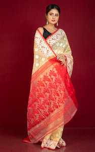 Traditional Cotton Muslin Soft Jamdani Saree in Beige, Off White, Red and Gold