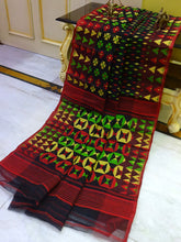 Designer Muslin Jamdani Saree in Black, Red and Multicolored Thread Work