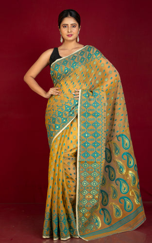 Traditional Soft Jamdani Saree in Mustard, Teal Blue and Gold