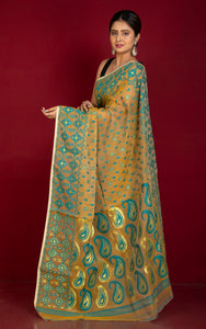 Traditional Soft Jamdani Saree in Mustard, Teal Blue and Gold