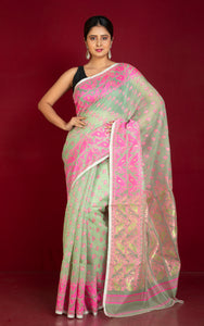 Traditional Soft Jamdani Saree in Water Green, Hot Pink and Gold