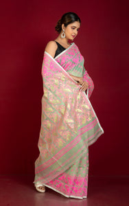 Traditional Soft Jamdani Saree in Water Green, Hot Pink and Gold