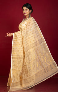 Soft Dhakai Jamdani Saree in Beige, Off White and Antique Gold