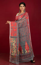 Traditional Soft Jamdani Saree in Charcoal Grey, Red and Gold