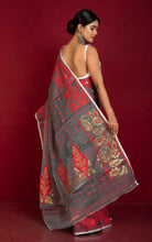 Traditional Soft Jamdani Saree in Charcoal Grey, Red and Gold