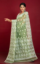 Sholapuri Work Jamdani Saree in Pickle Green, White and Golden