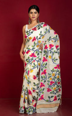 Tantuja Inspired Traditional Soft Jamdani Saree in Linen White and Multicolored
