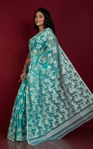 Traditional Soft Jamdani Saree in Seagreen, Off White and Gold