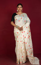 Tantuja Inspired Traditional Soft Jamdani Saree in Light Beige, Orange, Hot Pink and Brush Golden Zari Weave