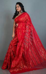 Traditional Soft Jamdani Saree in Bright Red and Gold