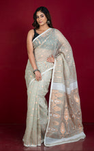 Soft Woven Jamdani Saree in Pacific Pearl, Off White and Antique Gold