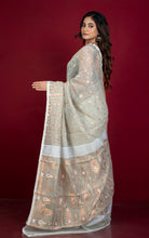 Soft Woven Jamdani Saree in Pacific Pearl, Off White and Antique Gold