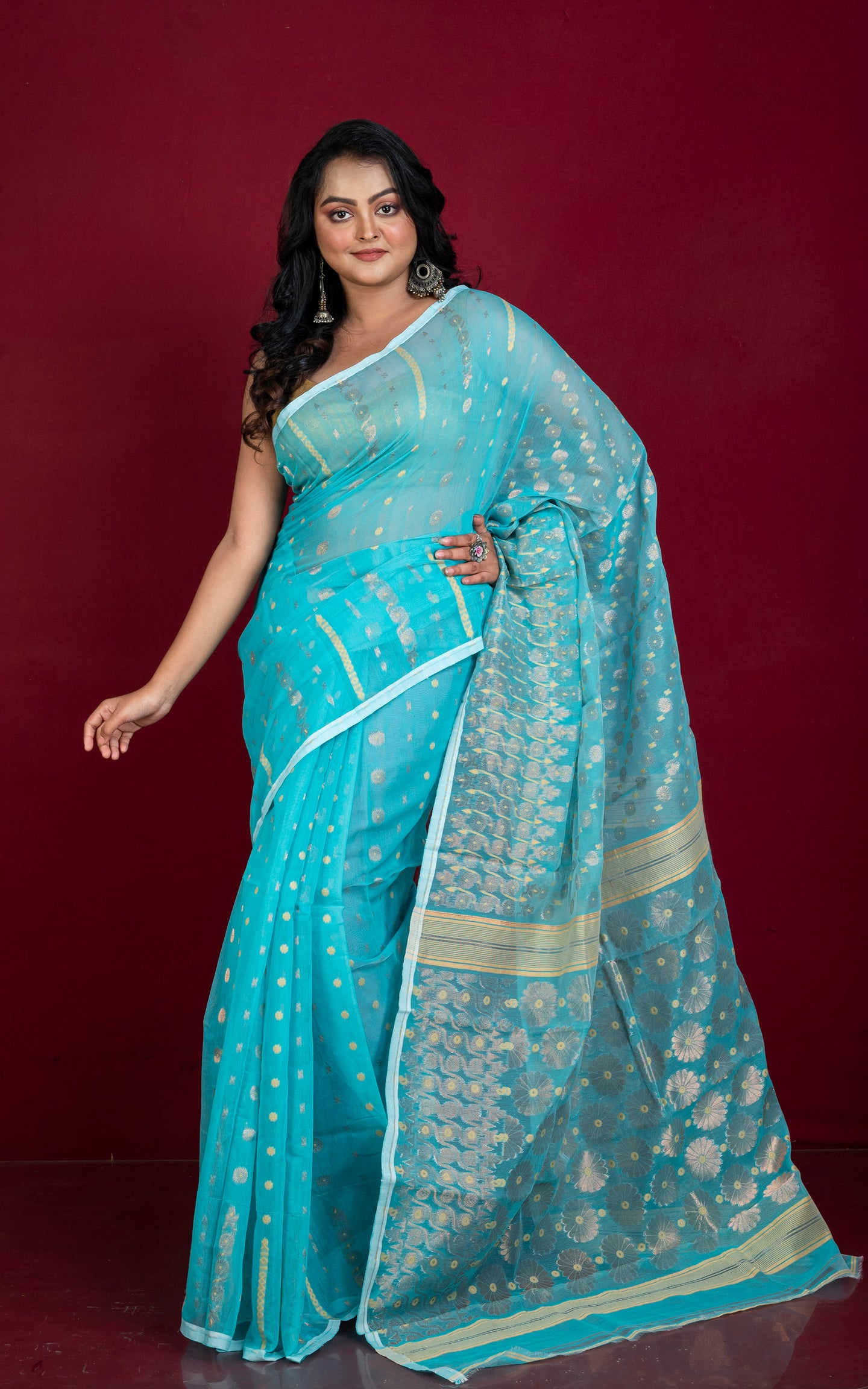 Soft Woven Jamdani Saree in Sky Blue and Antique Gold