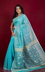 Soft Woven Jamdani Saree in Sky Blue and Antique Gold