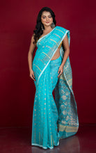 Soft Woven Jamdani Saree in Sky Blue and Antique Gold