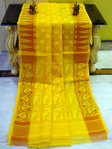 Self Woven Nakshi Work Cotton Muslin Jamdani Saree in Bright Yellow