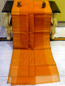 Self Woven Nakshi Work Cotton Muslin Jamdani Saree in Golden Amber