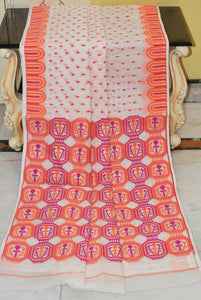 Handwoven Minakari Jamdani Saree in Off White, Orange and Hot Pink