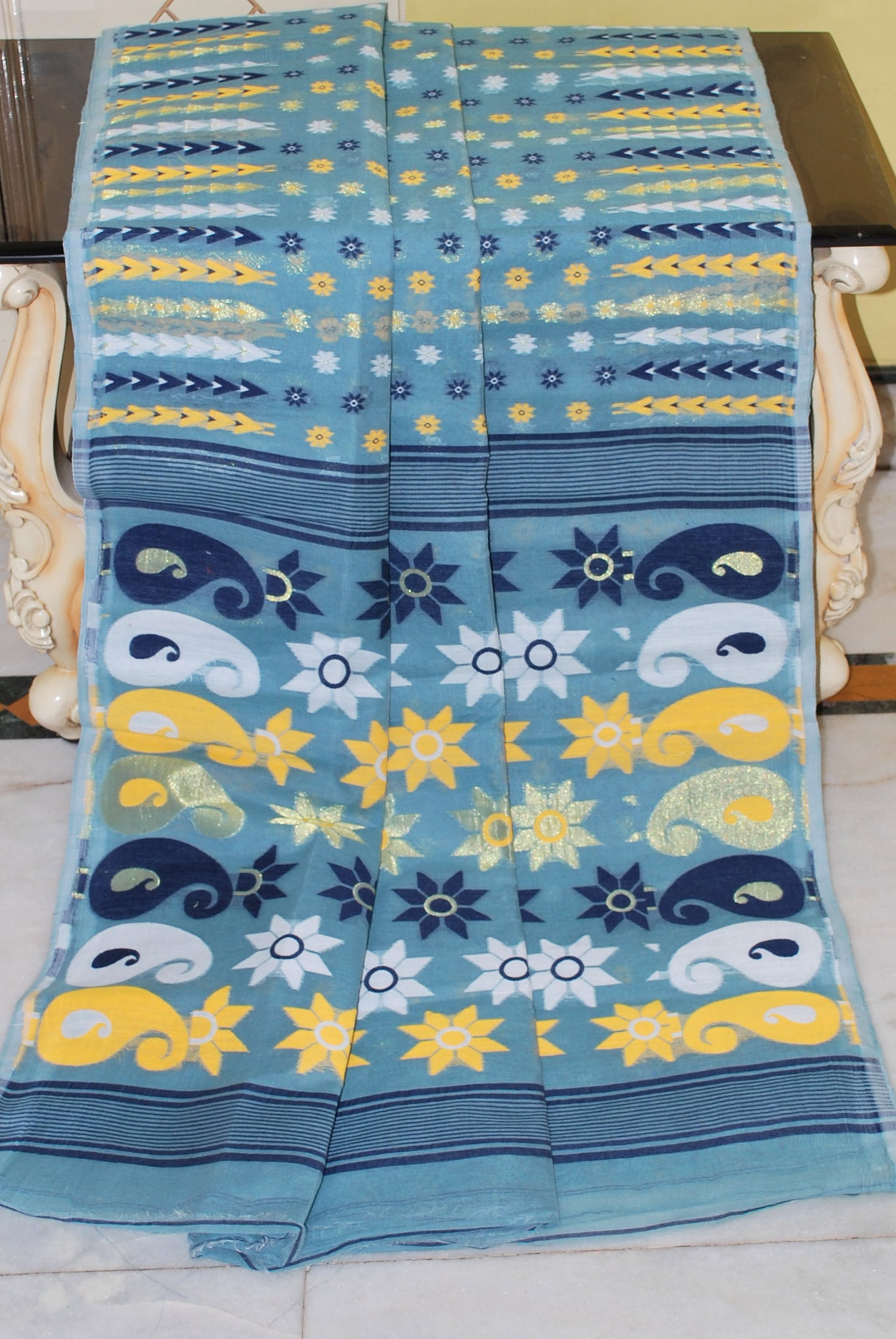 Cotton Muslin Jamdani Saree in Carolina Blue and Multicolored Thread Work