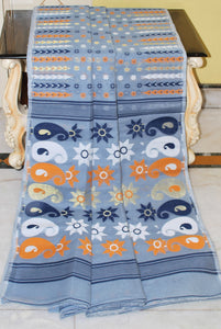 Cotton Muslin Jamdani Saree in Blue Grey and Multicolored Thread Work