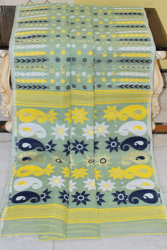 Cotton Muslin Jamdani Saree in Pastel Green and Multicolored Thread Work