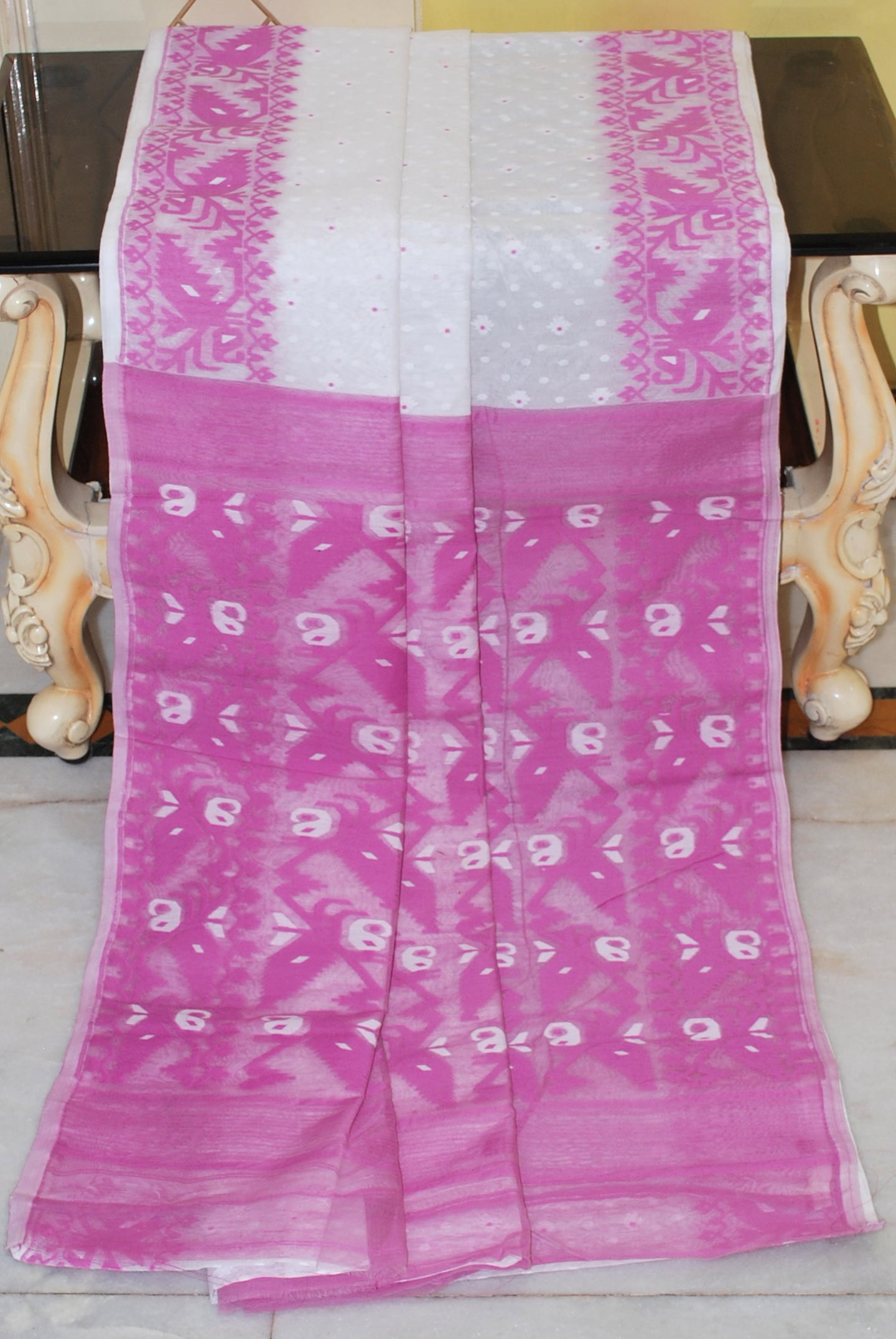 Sholapuri Contrast Hand Karat Nakshi Work Cotton Muslin Jamdani Saree in White and Purple
