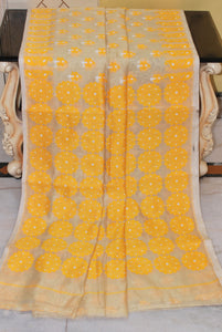 Exclusive Woven Nakshi Work Soft Dhakai Jamdani Saree in Beige, Amber Yellow and Off White