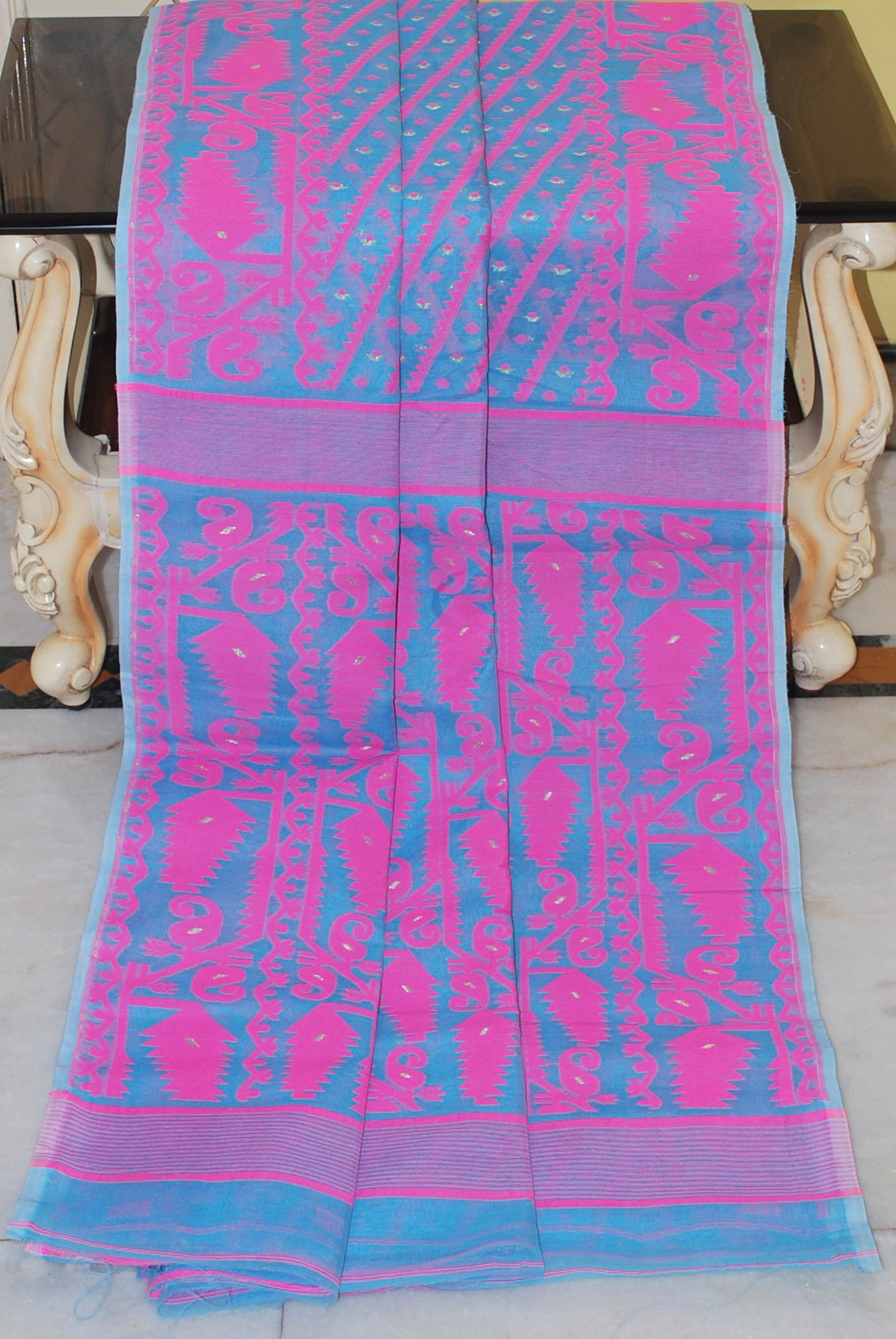 Traditional Karat Work Cotton Muslin Jamdani Saree in Sky Blue, Pink and Gold
