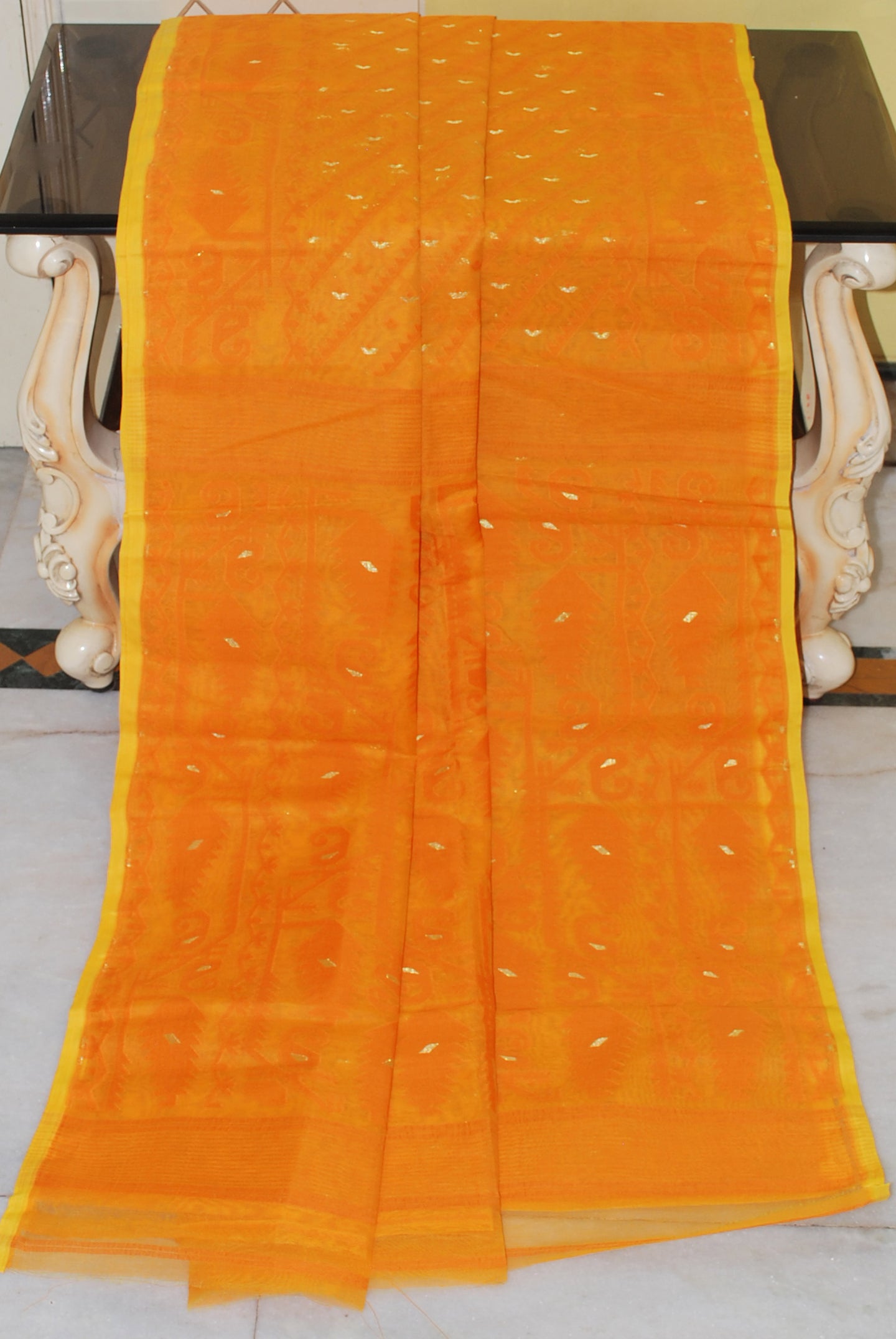 Traditional Karat Work Cotton Muslin Jamdani Saree in Orange, Yellow and Gold