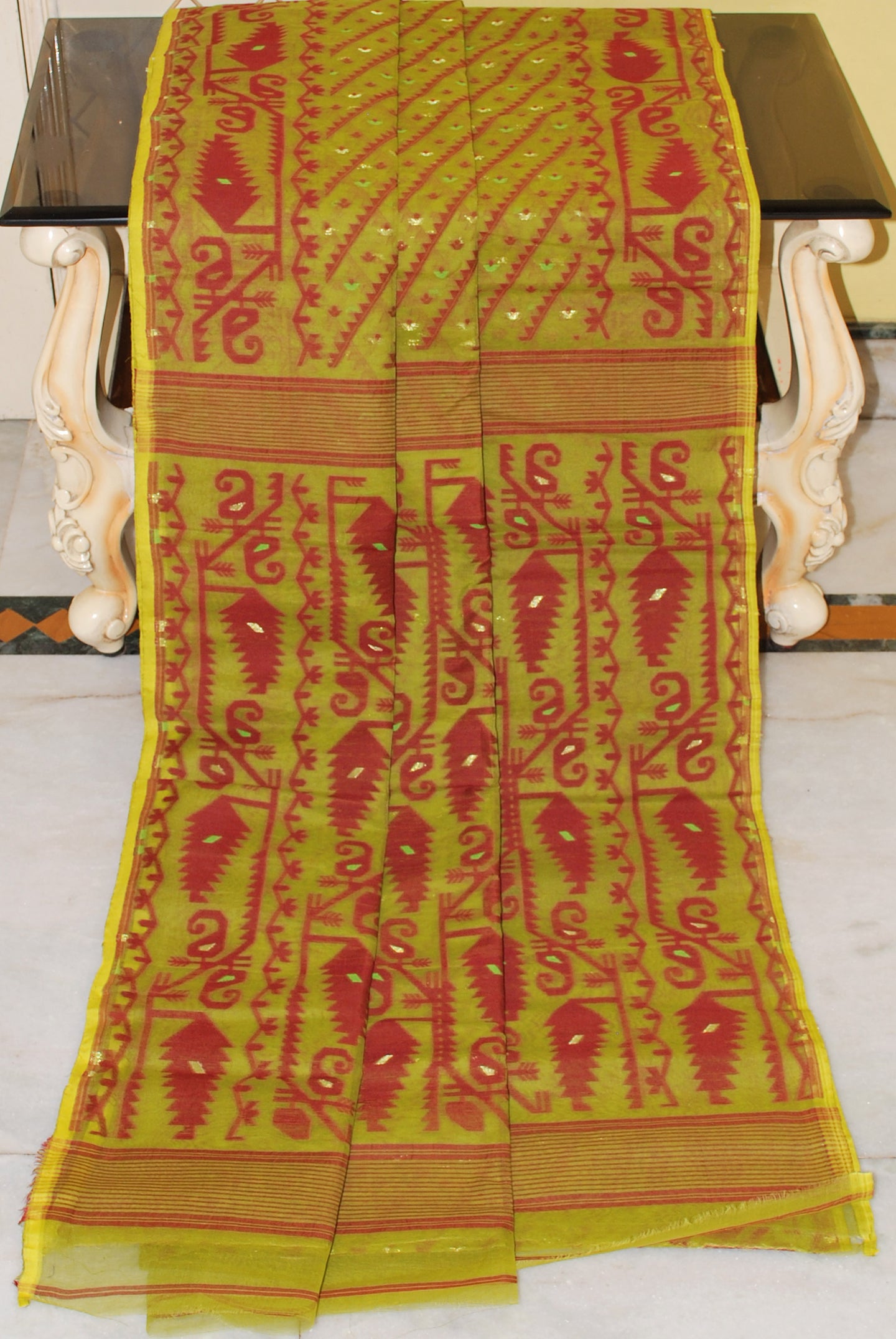 Traditional Karat Work Cotton Muslin Jamdani Saree in Olive Green, Maroon and Gold