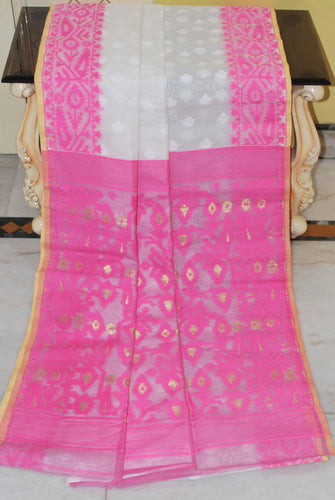 Sholapuri Self Work Contrast Border Cotton Muslin Jamdani Saree in White, Pink, Beige and Gold