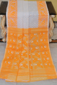 Sholapuri Contrast Hand Karat Nakshi Work Cotton Muslin Jamdani Saree in White and Bright Pastel Orange