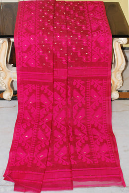 Cotton Muslin Jamdani Saree in Dual Tone Hot Pink and Gold Zari Work