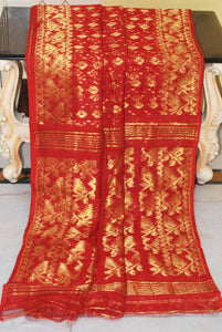 Soft Zari Brocade Dhakai Jamdani Saree in Red and Golden