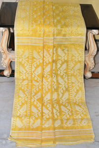 Cotton Muslin Jamdani Saree in Yellow, Off White and Gold Zari Work