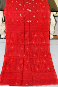 Cotton Muslin Jamdani Saree in Bright Red and Gold Zari Work