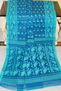 Cotton Muslin Jamdani Saree in Dual Tone Blue and Gold Zari Work