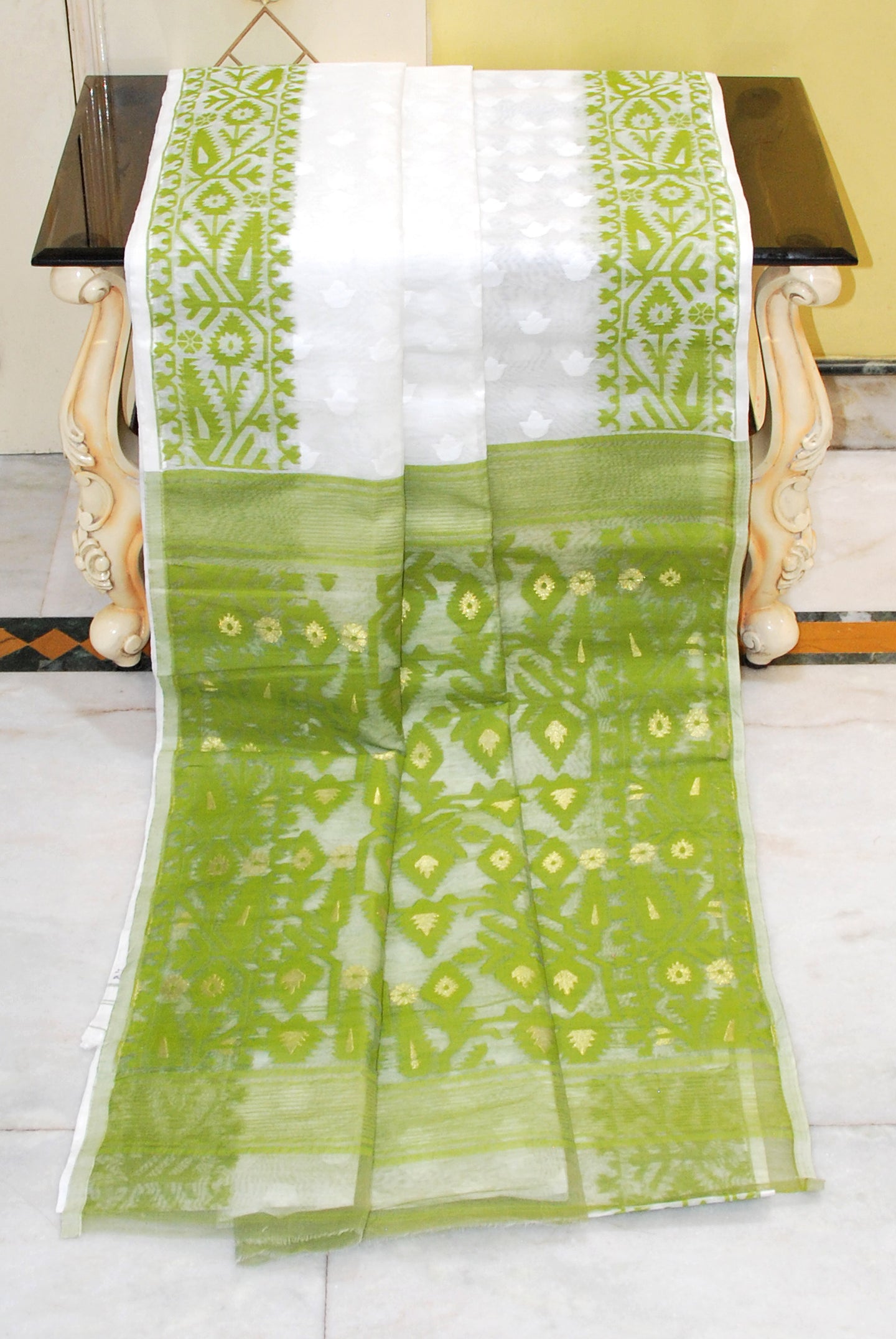 Sholapuri Self Work Contrast Border Cotton Muslin Jamdani Saree in White, Olive Green and Gold