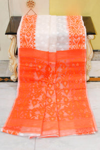 Sholapuri Self Work Contrast Border Cotton Muslin Jamdani Saree in White, Orange and Gold