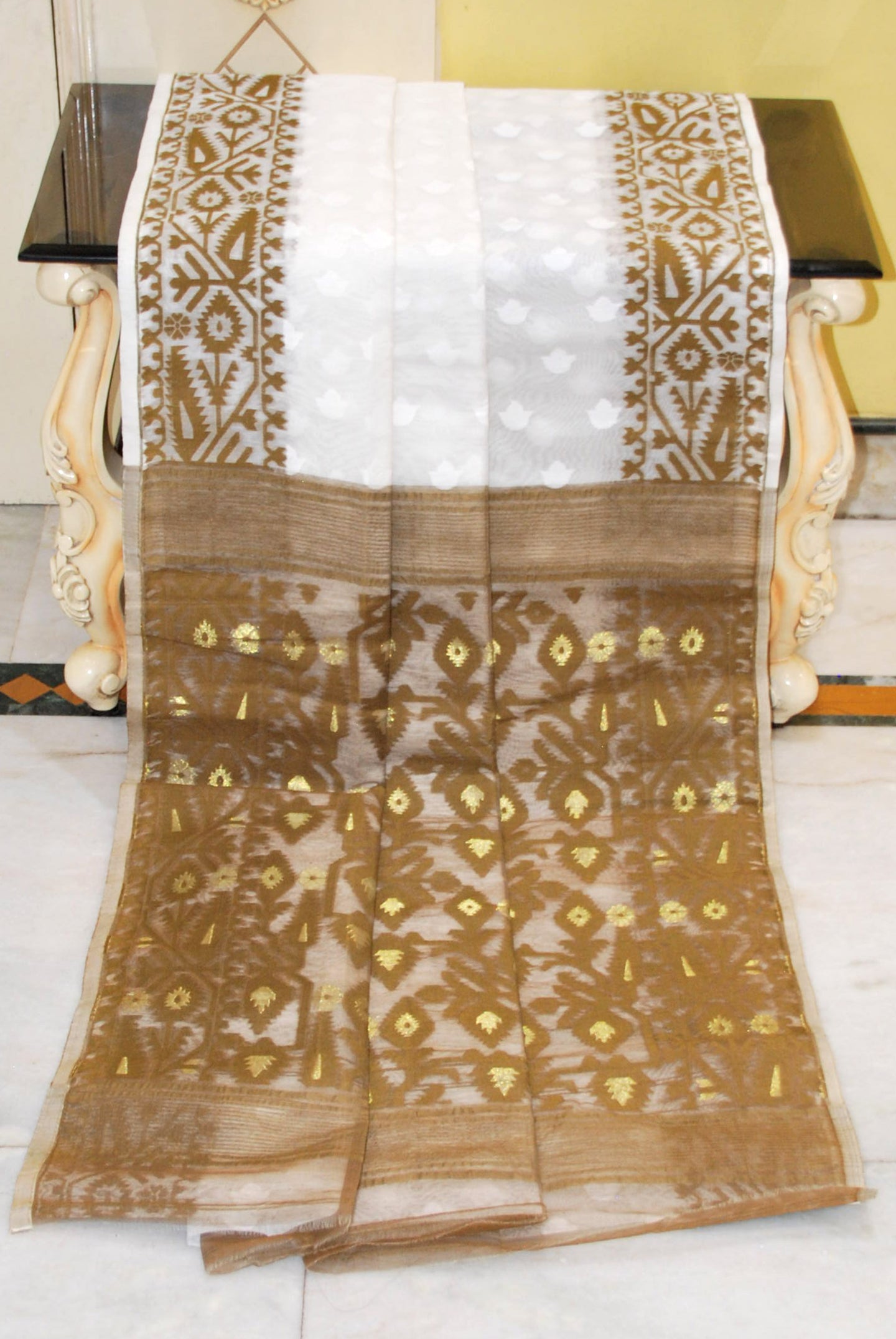 Sholapuri Self Work Contrast Border Cotton Muslin Jamdani Saree in White, Snuff Brown and Gold