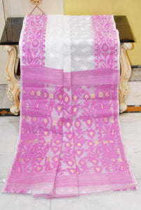 Sholapuri Self Work Contrast Border Cotton Muslin Jamdani Saree in White, Purple and Gold