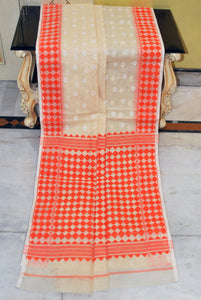 Handwoven Sholapuri Rhombus Work Jamdani Saree in Light Beige, Off White and Orange