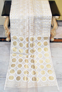 Designer Polka Motifs Cotton Muslin Jamdani Saree in Off White, White and Golden