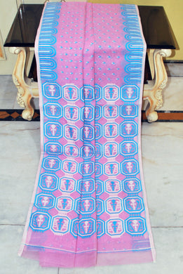 Handwoven Jamdani Saree in Pink, Blue and Off White