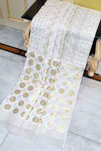 Designer Polka Motifs Cotton Muslin Jamdani Saree in Off White, White and Golden
